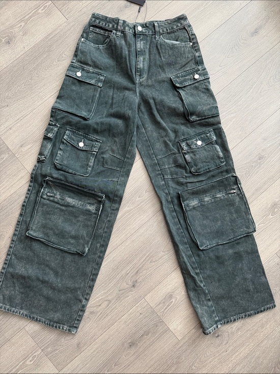 Fashion Nova Denim - Fashion Nova Washed Olive Green Wide-Leg Cargo Jeans